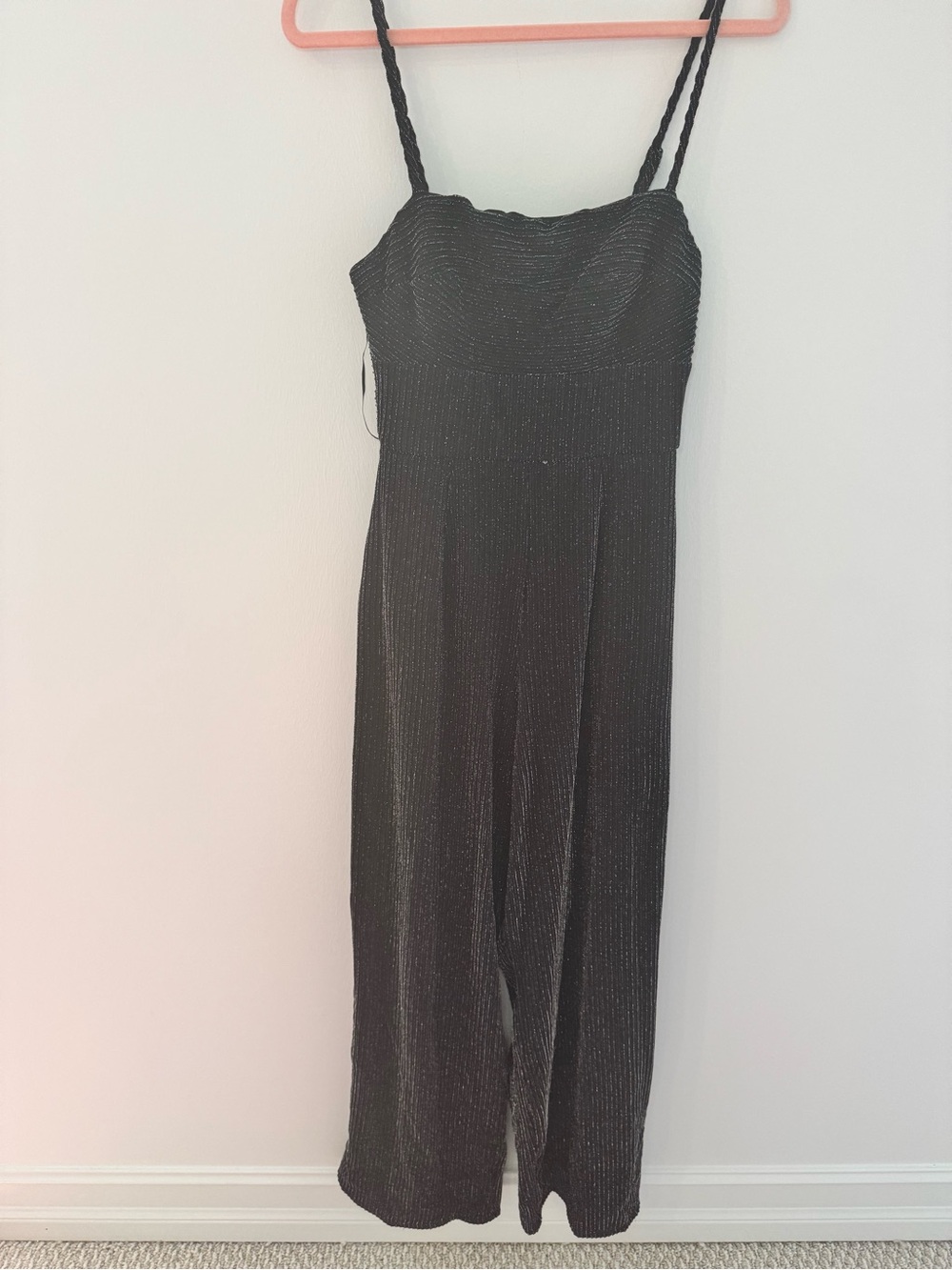 Francesca's Collections Black Metallic Strapless Jumpsuit